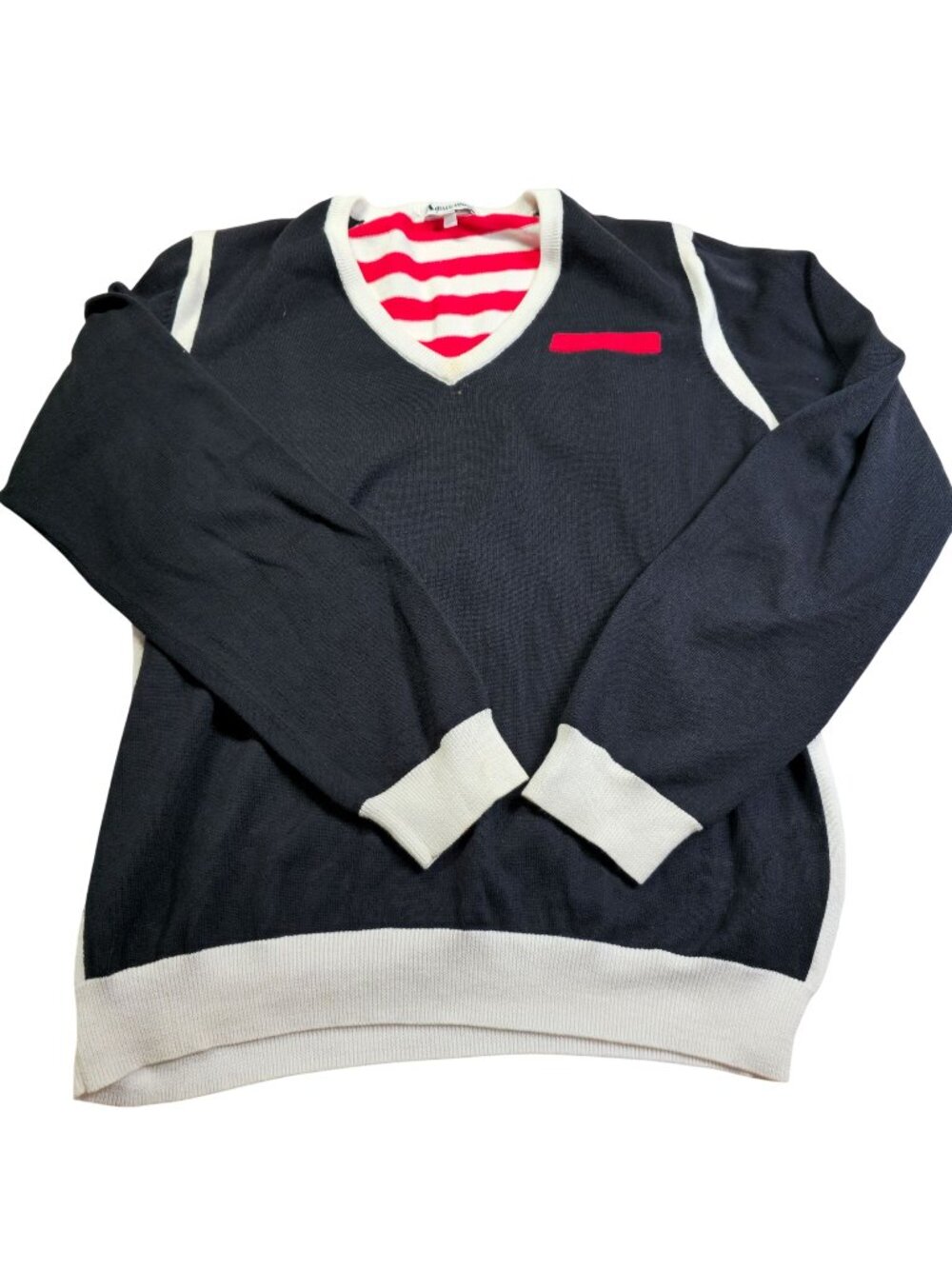 Aquascutum Womens V-Neck Sweater 100% Cotton Navy Red & White, Large